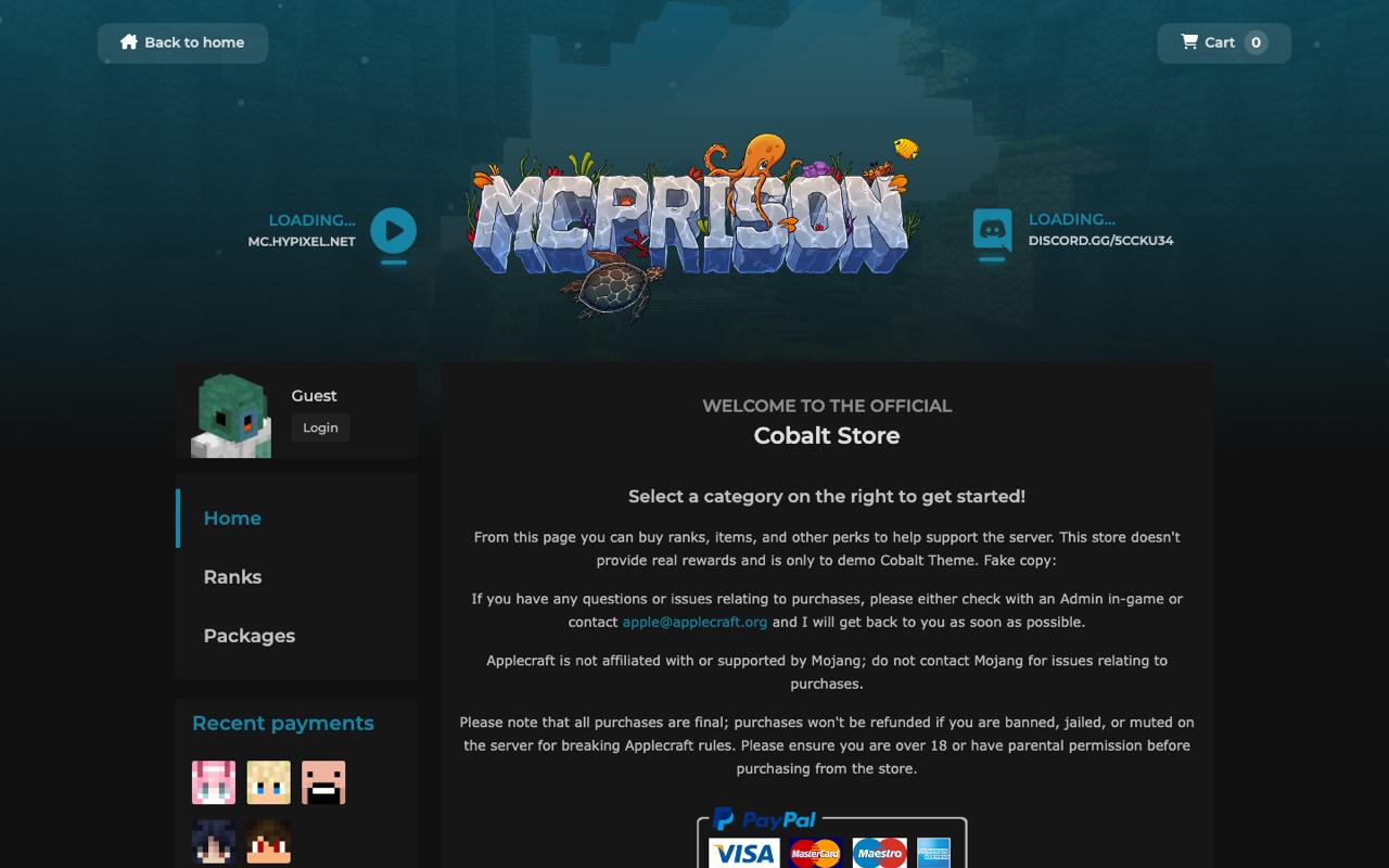 The Cobalt theme running on a Minecraft store.