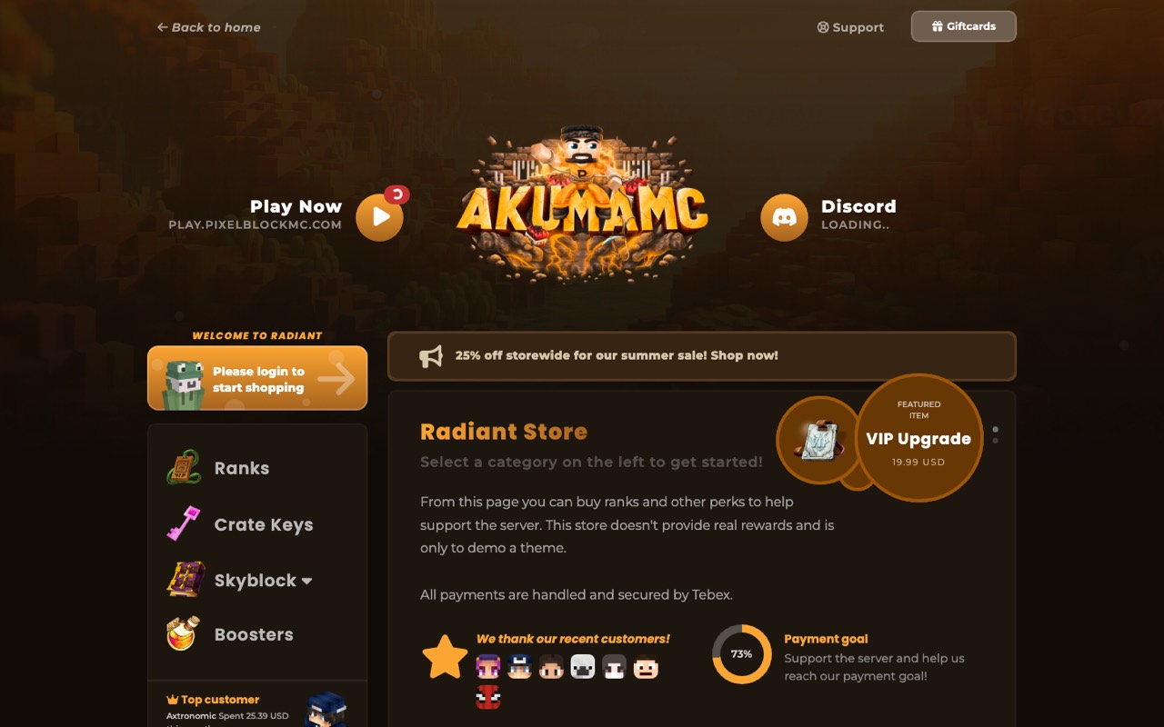 The Radiant theme running on a Minecraft store.